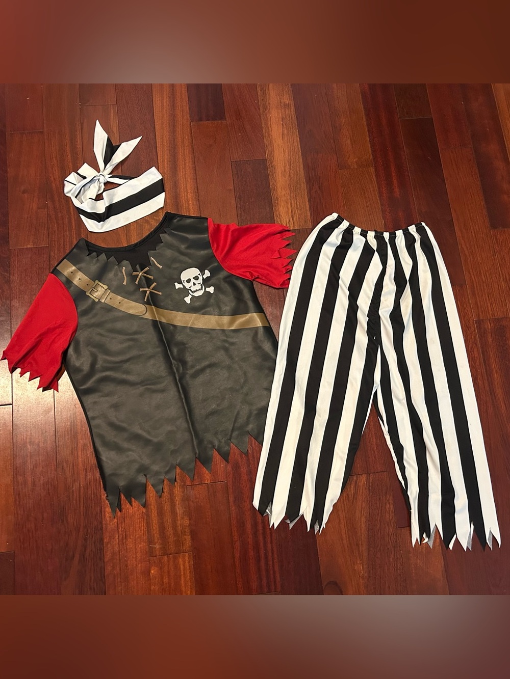 Kids Boys Pirate Costume Set Black/Red Striped 10-12 Large 3 Piece Halloween